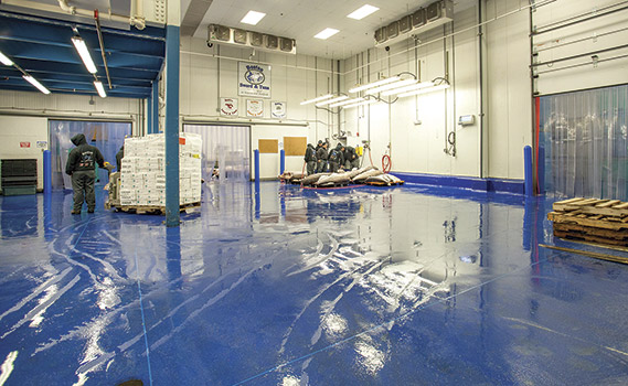 Les produits frais transitent par ce hangar dont le sol est recouvert d'un revêtement adapté.