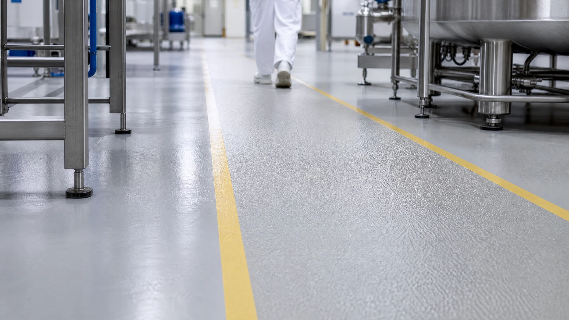 Sol industriel en résine antidérapant et cheminement sécurisé en environnement de production